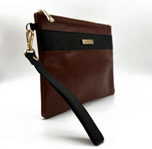Karun Leather customizable clutch with brown and black leather, gold-colored accessories